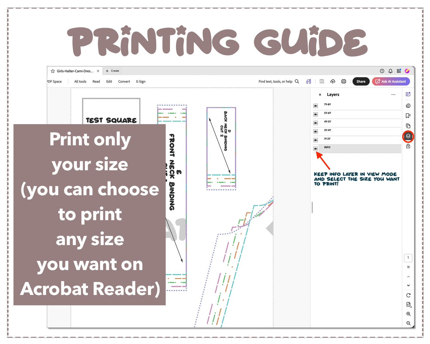 Girls Halter Cami Dress sewing pattern printing guide.