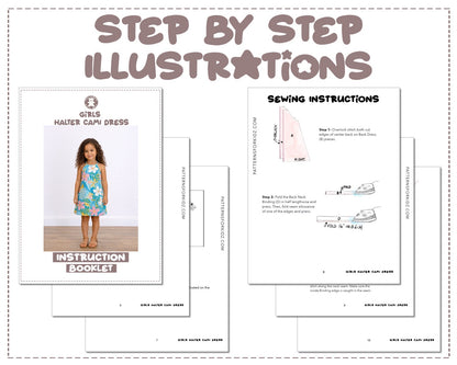 Girls Halter Cami Dress sewing pattern instruction booklet showing step by step illustrations to make the garment.