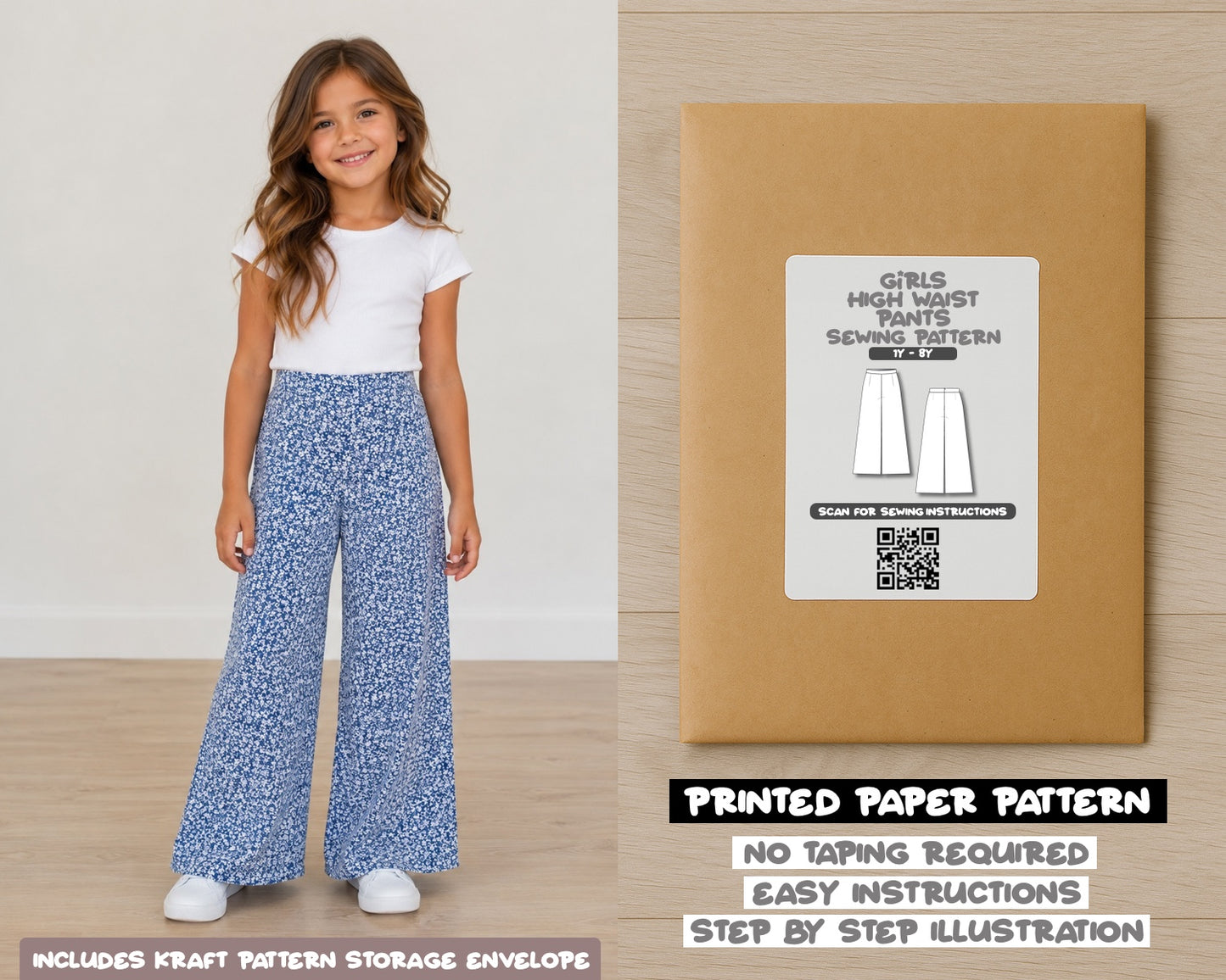 Girls High Waist Pants printed sewing pattern with easy instructions and step by step illustrations.
