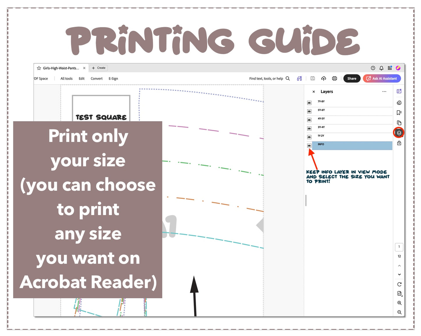 Girls High Waist Pants sewing pattern printing guide.