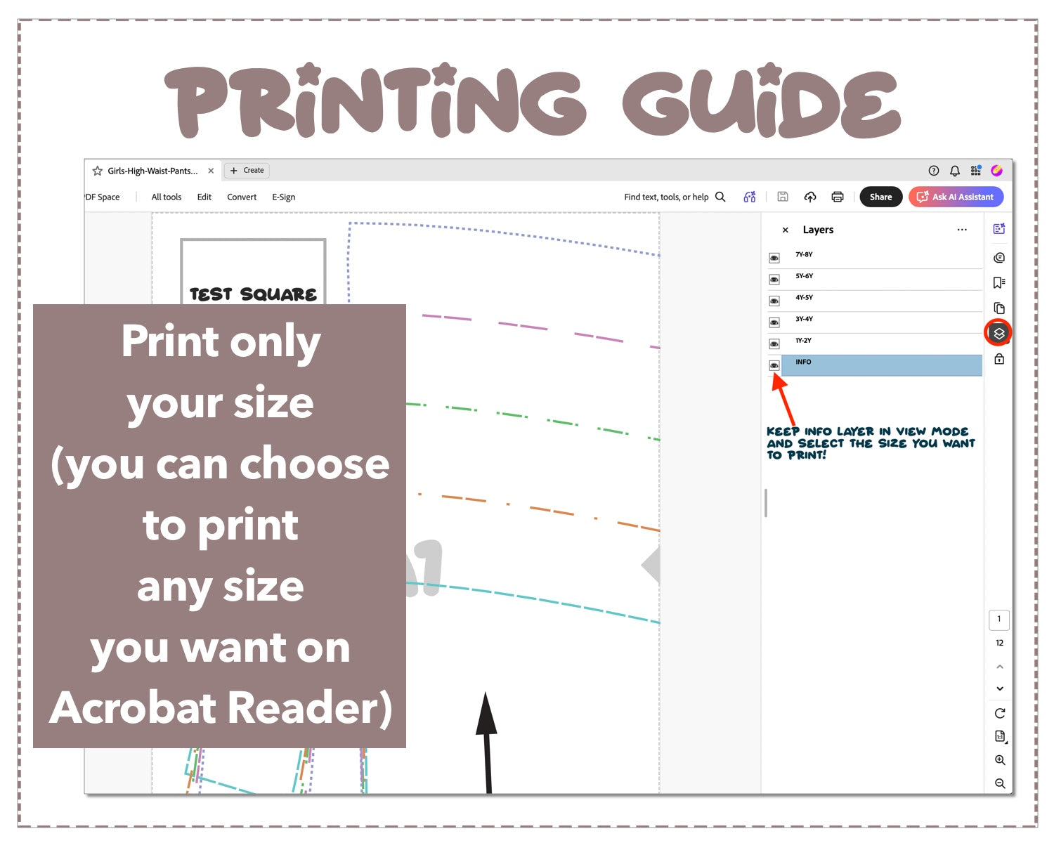 Girls High Waist Pants sewing pattern printing guide.