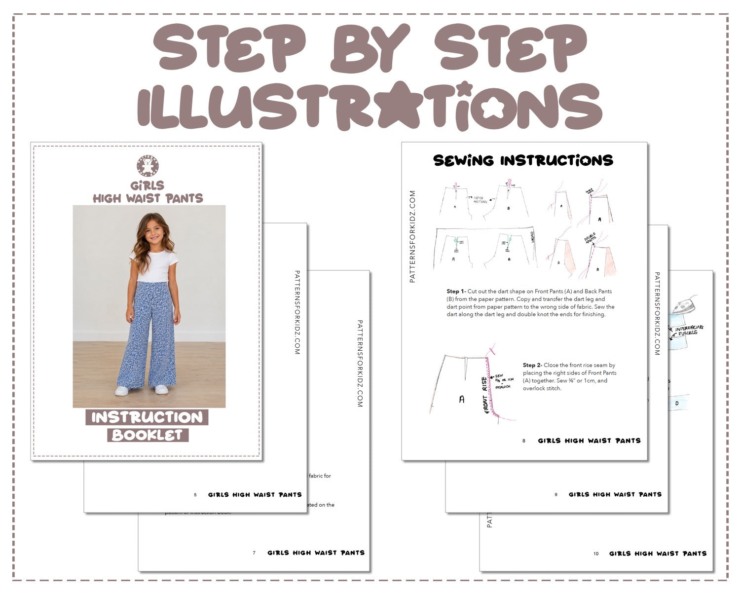 Girls High Waist Pants sewing pattern instruction booklet showing step by step illustrations to make the garment.