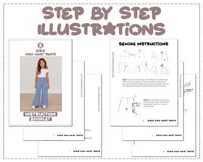 Girls High Waist Pants sewing pattern instruction booklet showing step by step illustrations to make the garment.