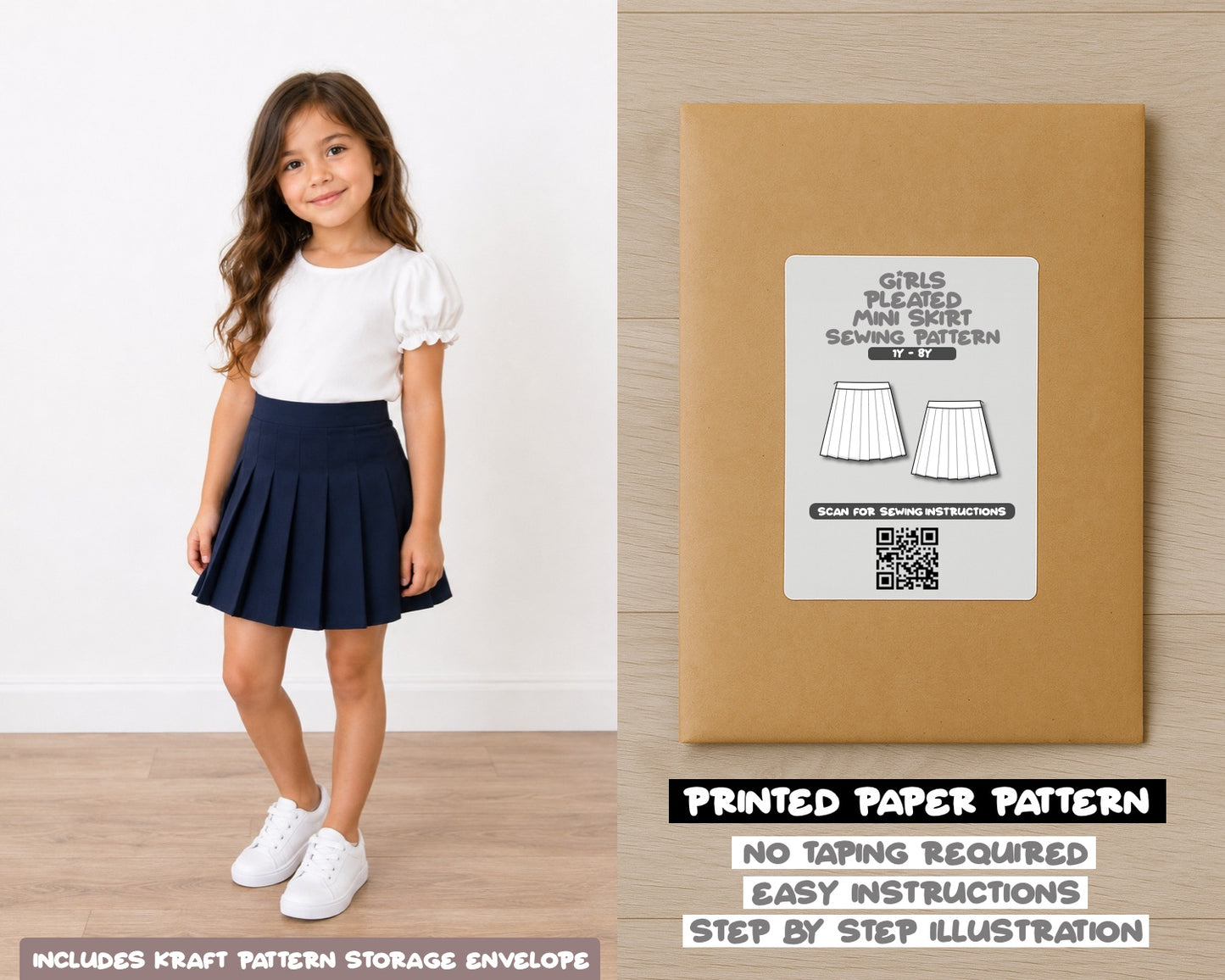 Girls High Waist Pleated Mini Skirt printed sewing pattern with easy instructions and step by step illustrations.