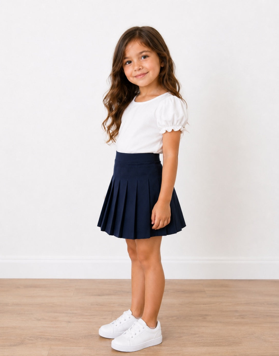 Side view of a young girl with long brown hair stands in a studio wearing a white short-sleeve puff-sleeve top and a navy blue High Waist Pleated Mini Skirt, paired with white sneakers, against a white wall and light wood floor.