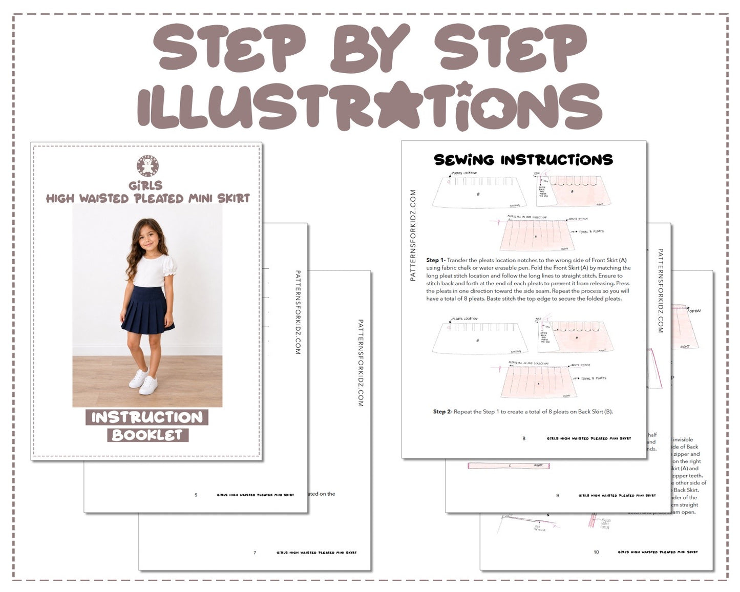 Girls High Waist Pleated Mini Skirt sewing pattern instruction booklet showing step by step illustrations to make the garment.