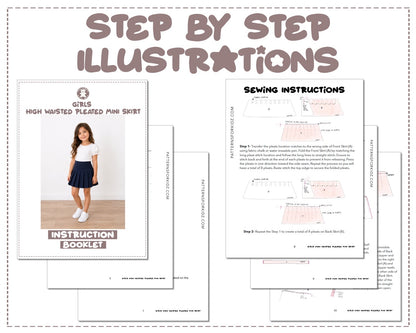 Girls High Waist Pleated Mini Skirt sewing pattern instruction booklet showing step by step illustrations to make the garment.