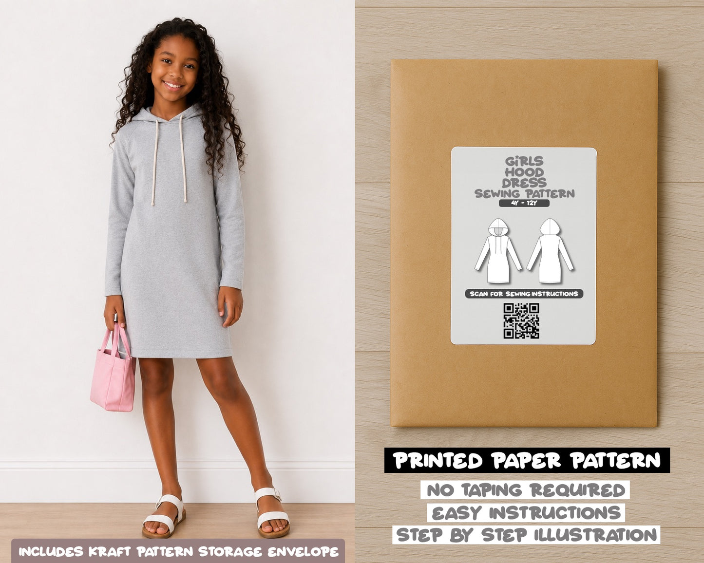 Girls Hood Long Sleeve Knit Mini Dress printed sewing pattern with easy instructions and step by step illustrations.