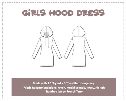 Illustration and detailed description for Girls Hood Long Sleeve Knit Mini Dress sewing pattern. Made with 1¼ yard x 60” width cotton jersey. Other Fabric Recommendations: rayon, modal spande, jersey, rib knit, bamboo jersey, French Terry.