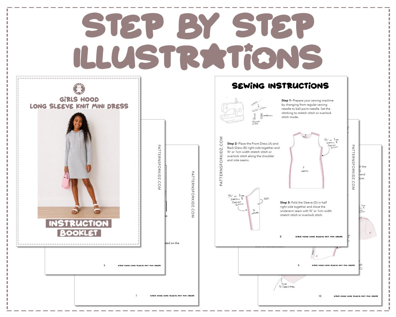 Girls Hood Long Sleeve Knit Mini Dress sewing pattern instruction booklet showing step by step illustrations to make the garment.