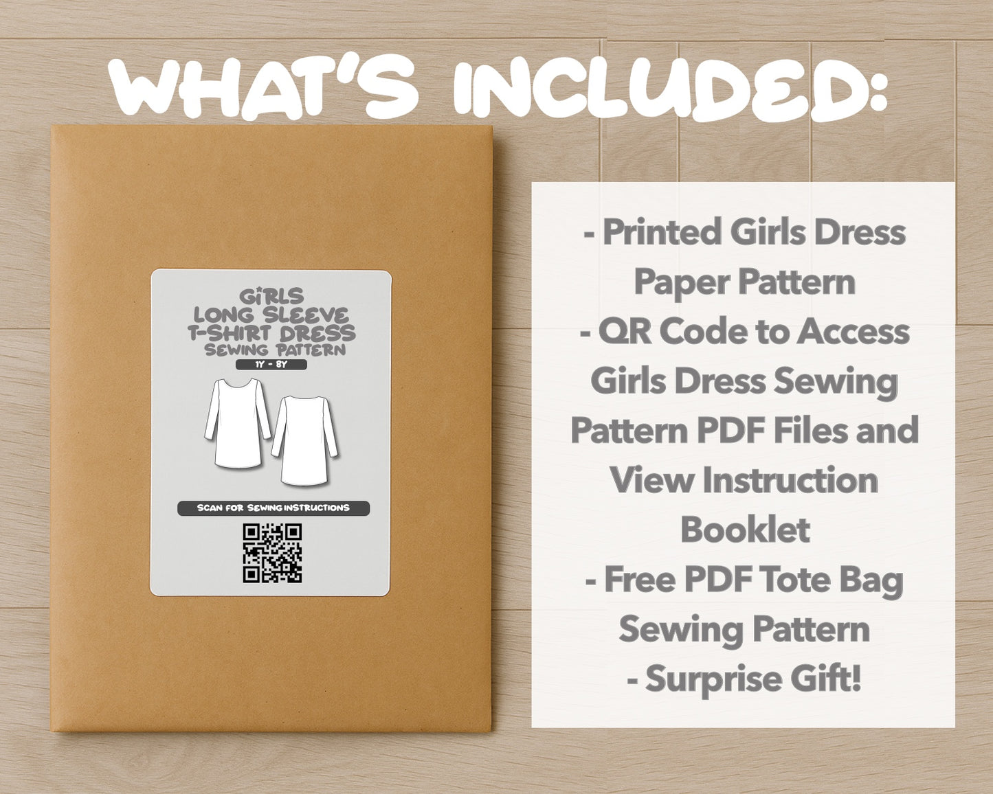 What is included with the printed Girls Long Sleeve T-Shirt Dress paper sewing pattern