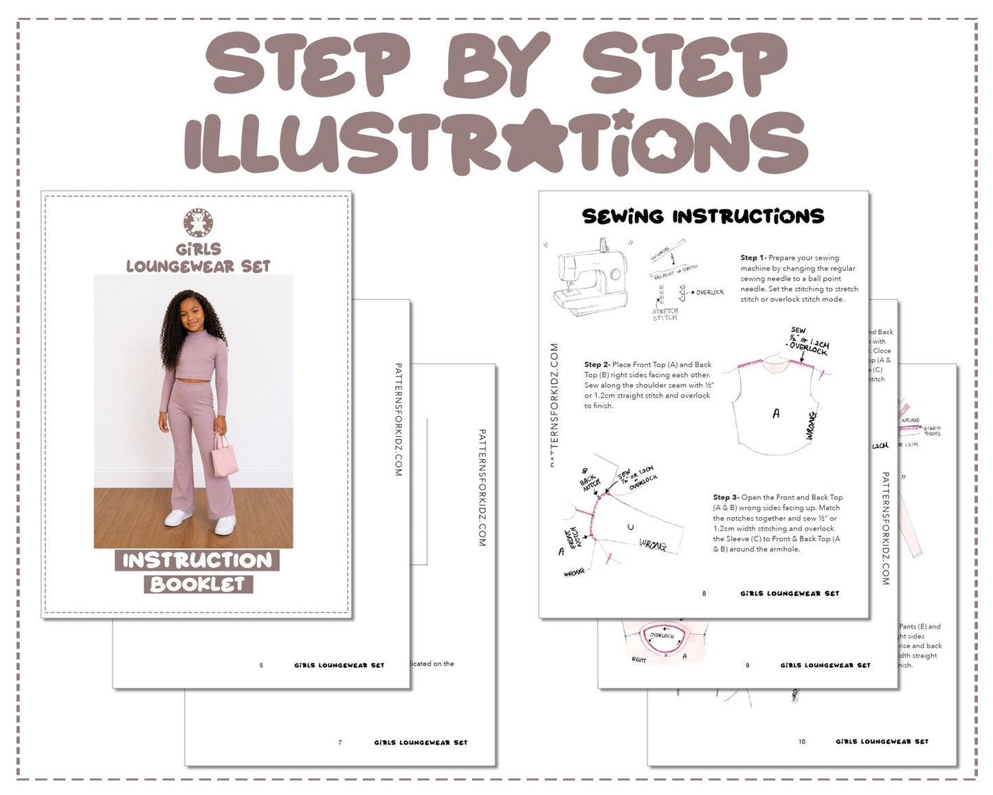 Girls Loungewear Set sewing pattern instruction booklet showing step by step illustrations to make the garment.
