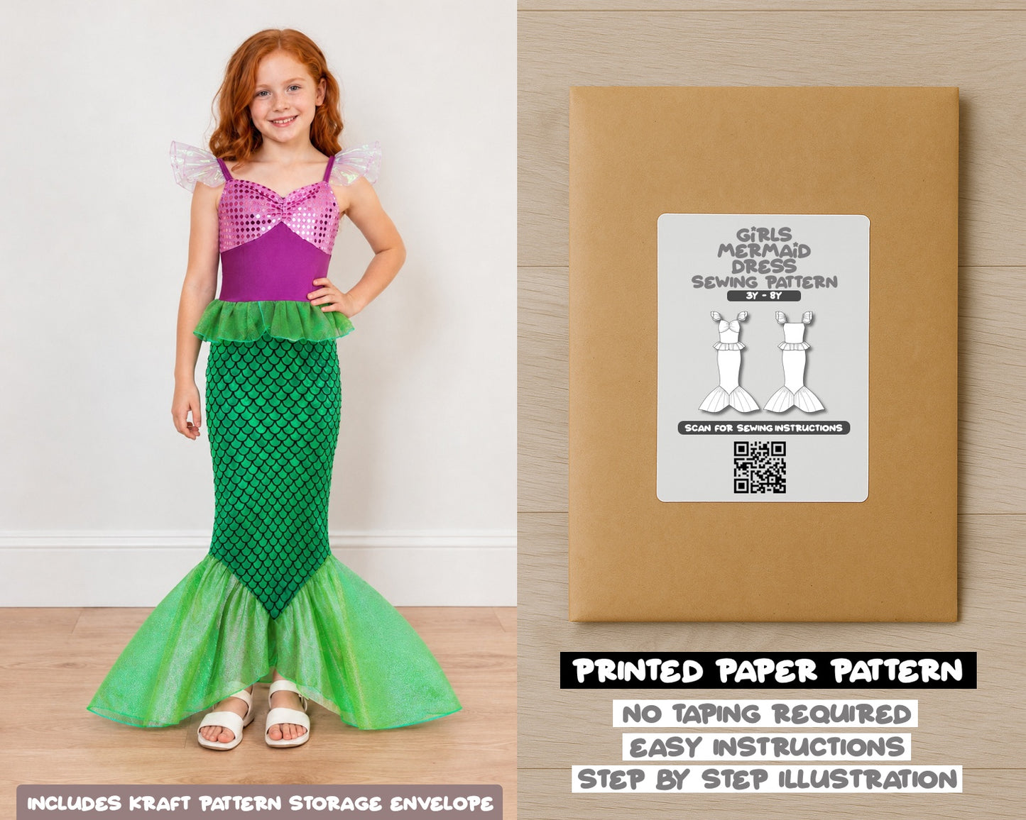 Girls Mermaid Dress printed sewing pattern with easy instructions and step by step illustrations.