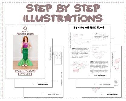Girls Mermaid Dress sewing pattern instruction booklet showing step by step illustrations to make the garment.