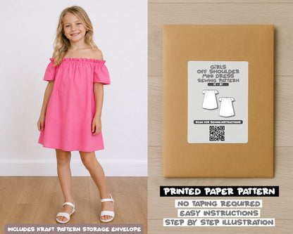 Girls Off Shoulder Dress printed sewing pattern with easy instructions and step by step illustrations.