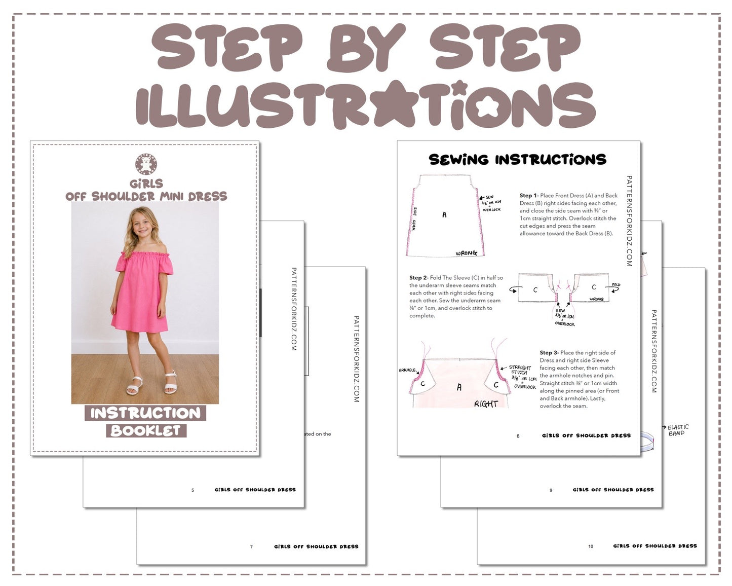 Girls Off Shoulder Dress sewing pattern instruction booklet showing step by step illustrations to make the garment.