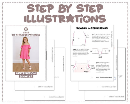 Girls Off Shoulder Dress sewing pattern instruction booklet showing step by step illustrations to make the garment.
