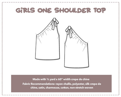 Illustration and detailed description for Girls One Shoulder Top sewing pattern. Made with ½ yard x 60” width crepe de chine. Other Fabric Recommendations: rayon challis, polyester, silk crepe de chine, satin, charmeuse, cotton, non-stretch woven.