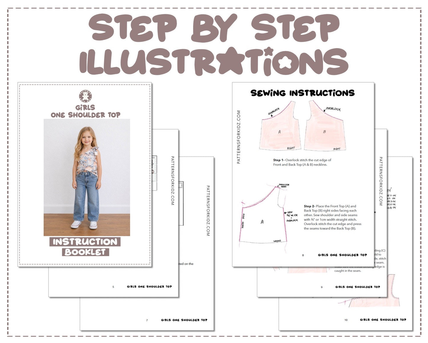Girls One Shoulder Top sewing pattern instruction booklet showing step by step illustrations to make the garment.