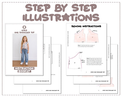 Girls One Shoulder Top sewing pattern instruction booklet showing step by step illustrations to make the garment.