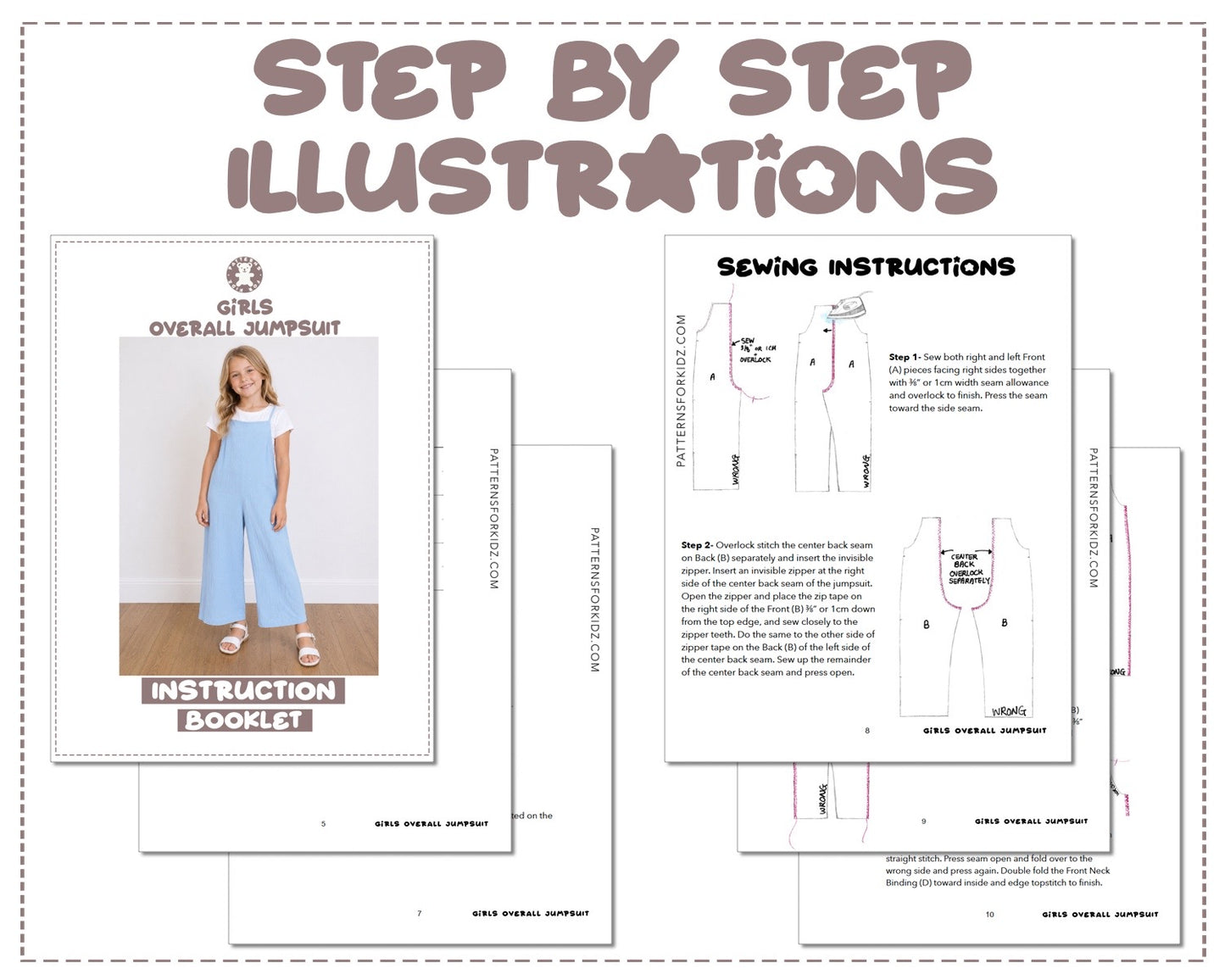 Girls Overall Jumpsuit sewing pattern instruction booklet showing step by step illustrations to make the garment.