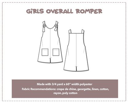 Illustration and detailed description for Girls Overall Romper sewing pattern. Made with ¾ yard x 60” width polyester. Other Fabric Recommendations: crepe de chine, georgette, linen, cotton, rayon, poly cotton.