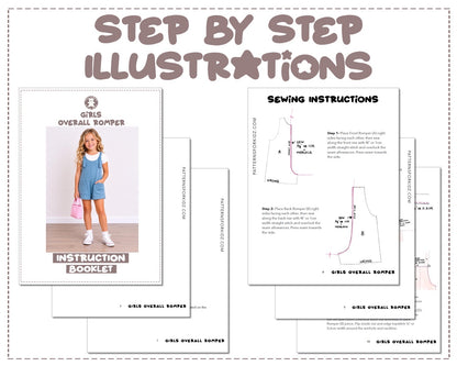 Girls Overall Romper sewing pattern instruction booklet showing step by step illustrations to make the garment. 