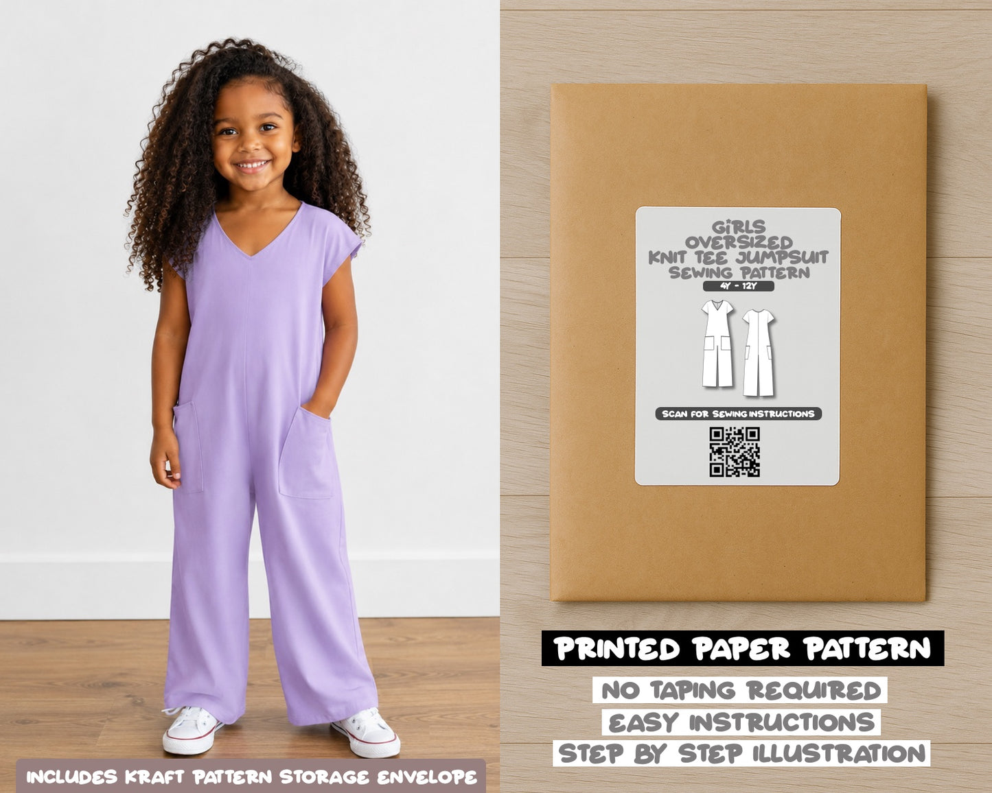Girls Oversized Knit Tee Jumpsuit printed sewing pattern with easy instructions and step by step illustrations.