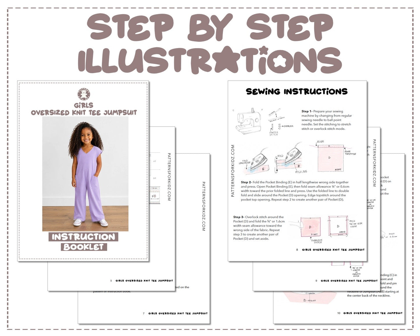 Girls Oversized Knit Tee Jumpsuit sewing pattern instruction booklet showing step by step illustrations to make the garment.