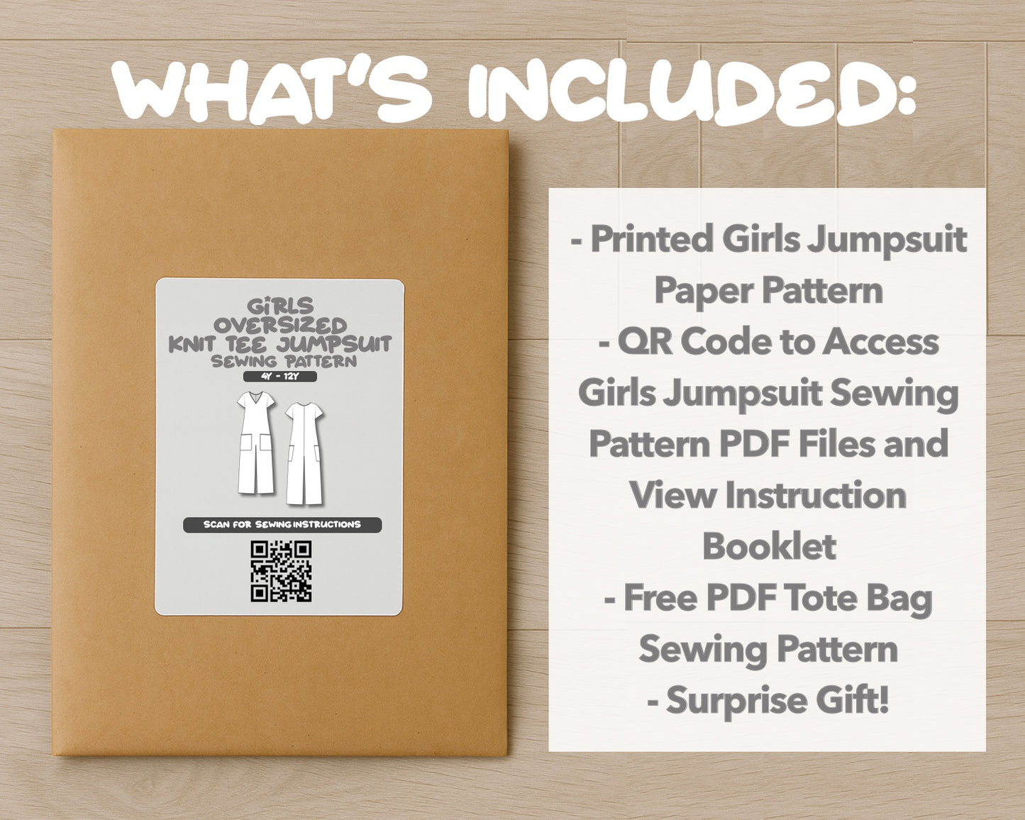 What is included with the printed Girls Oversized Knit Tee Jumpsuit paper sewing pattern 