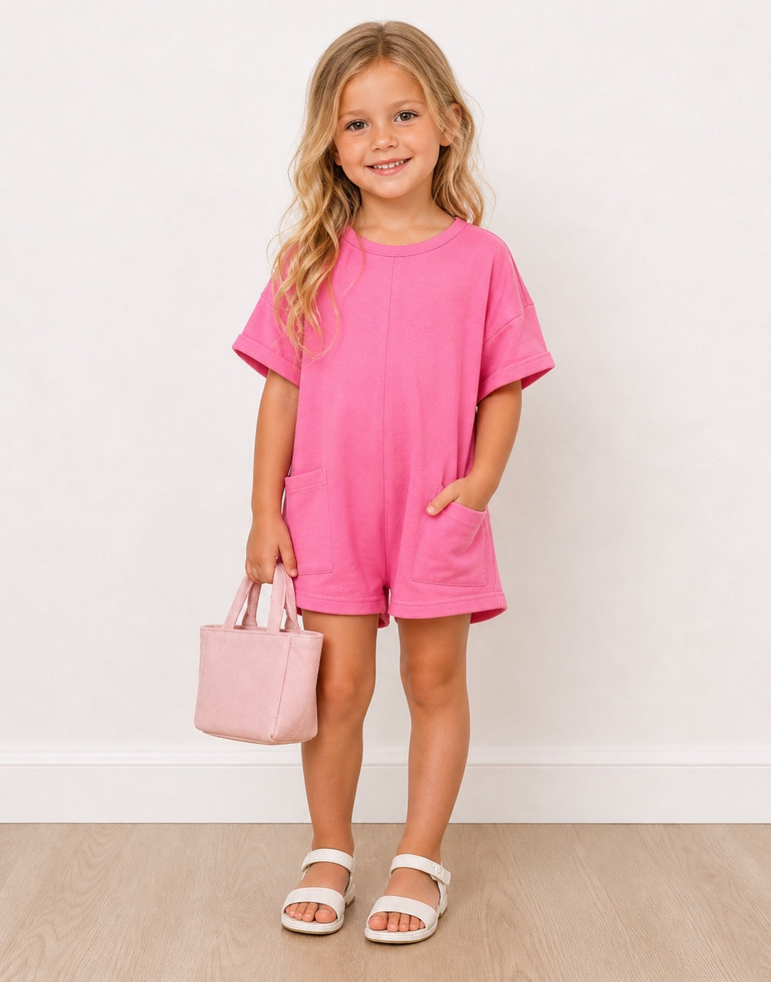 Young girl wearing a pink Oversized Tee Romper with a matching handbag against a white background