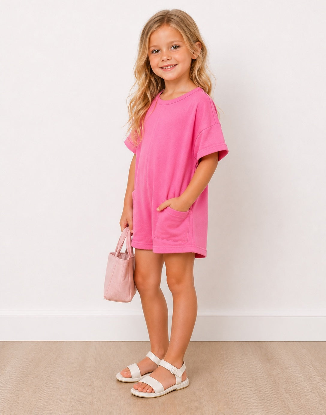 Side view of young girl wearing a pink Oversized Tee Shirt Romper with a matching handbag against a white background.