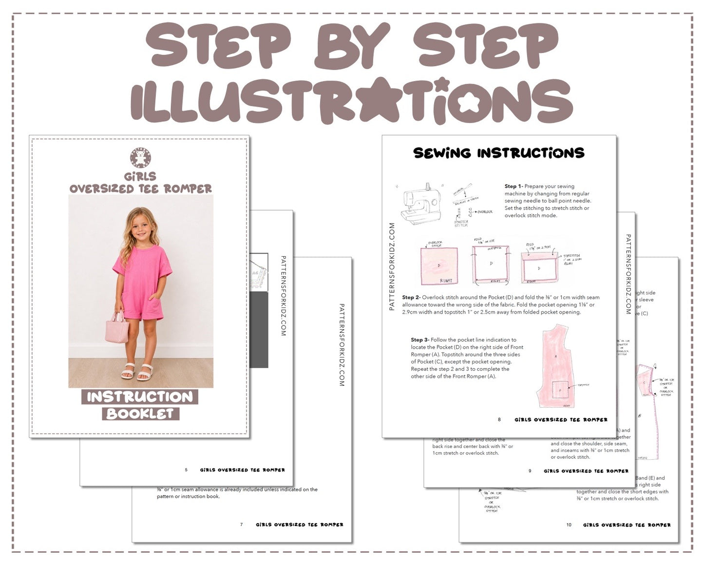 Girls Oversized Tee Romper sewing pattern instruction booklet showing step by step illustrations to make the garment.