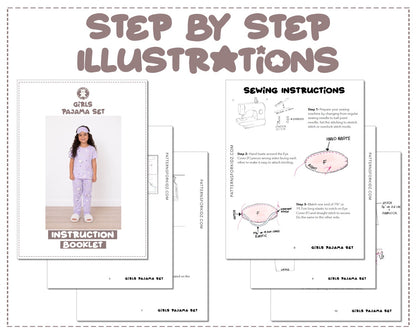 Girls Pajama Set sewing pattern instruction booklet showing step by step illustrations to make the garment.