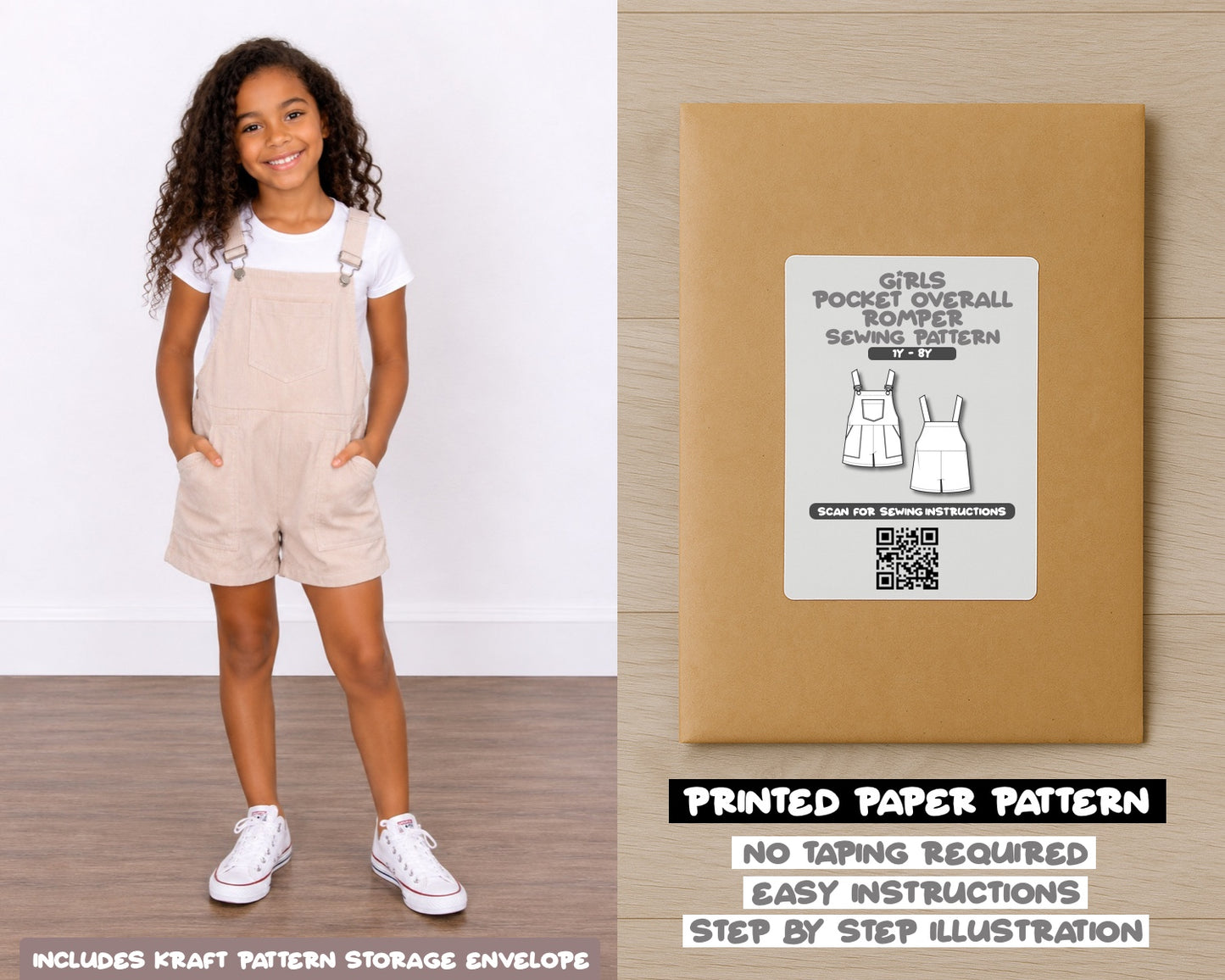 Girls Pocket Overall Romper printed sewing pattern with easy instructions and step by step illustrations.