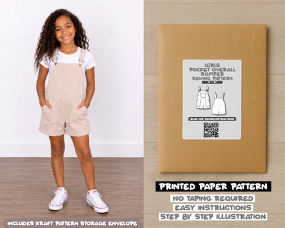 Girls Pocket Overall Romper printed sewing pattern with easy instructions and step by step illustrations.