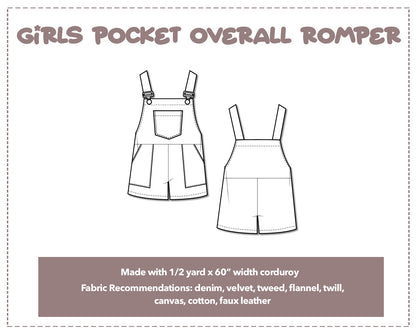Illustration and detailed description for Girls Pocket Overall Romper sewing pattern. Made with ½ yard x 60” width corduroy. Other Fabric Recommendations: denim, velvet, tweed, flannel, twill, canvas, cotton, faux leather.