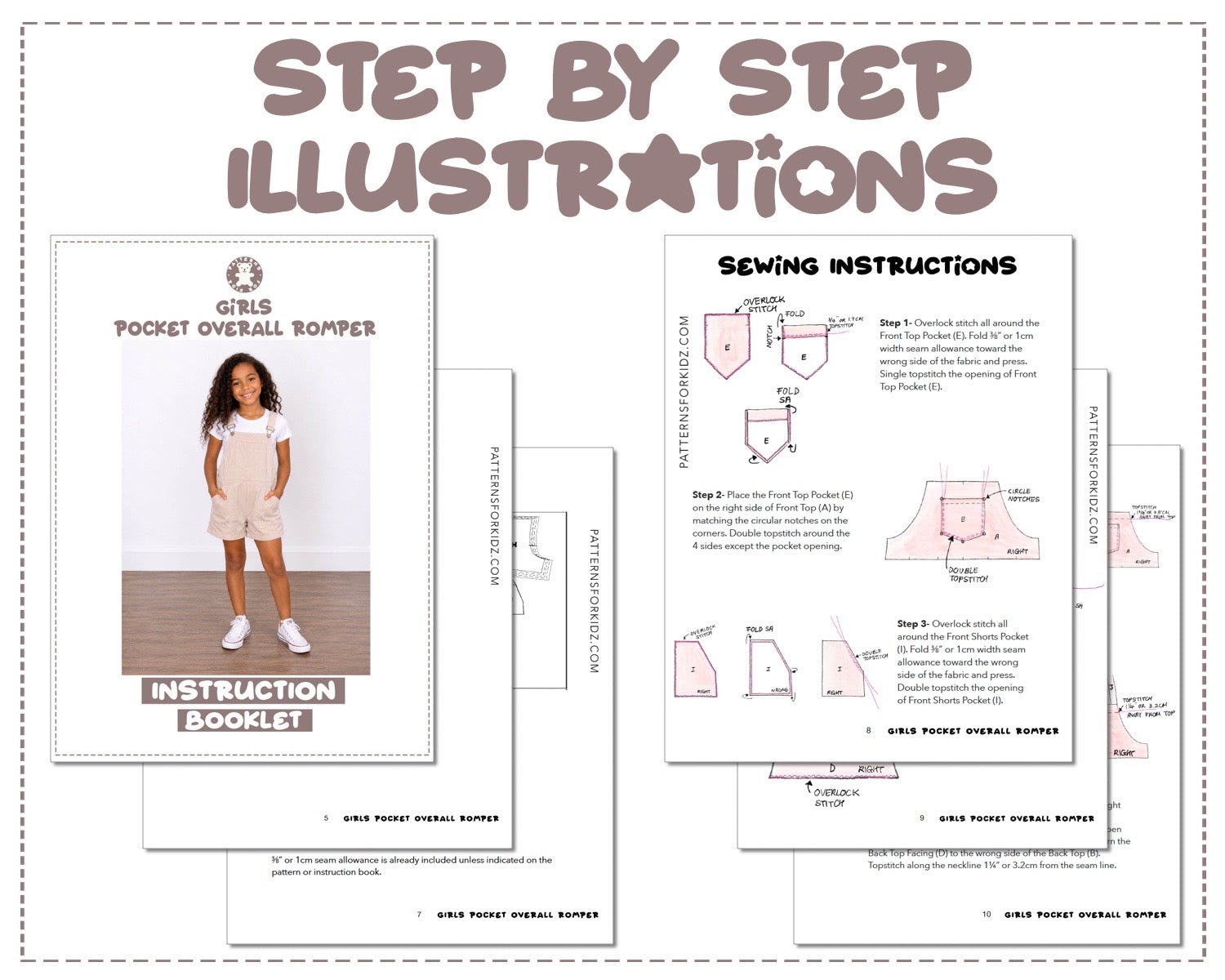 Girls Pocket Overall Romper sewing pattern instruction booklet showing step by step illustrations to make the garment.