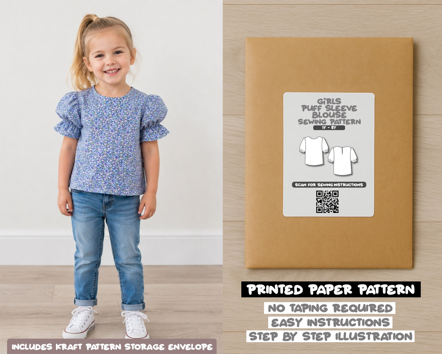 Girls Puff Sleeve Blouse printed sewing pattern with easy instructions and step by step illustrations.