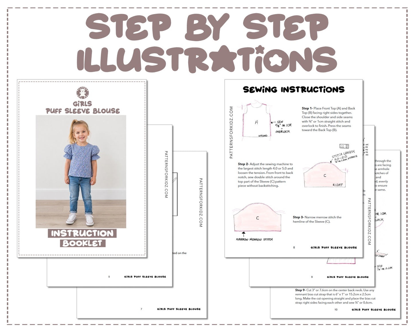Girls Puff Sleeve Blouse sewing pattern instruction booklet showing step by step illustrations to make the garment.
