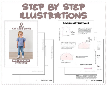 Girls Puff Sleeve Blouse sewing pattern instruction booklet showing step by step illustrations to make the garment.