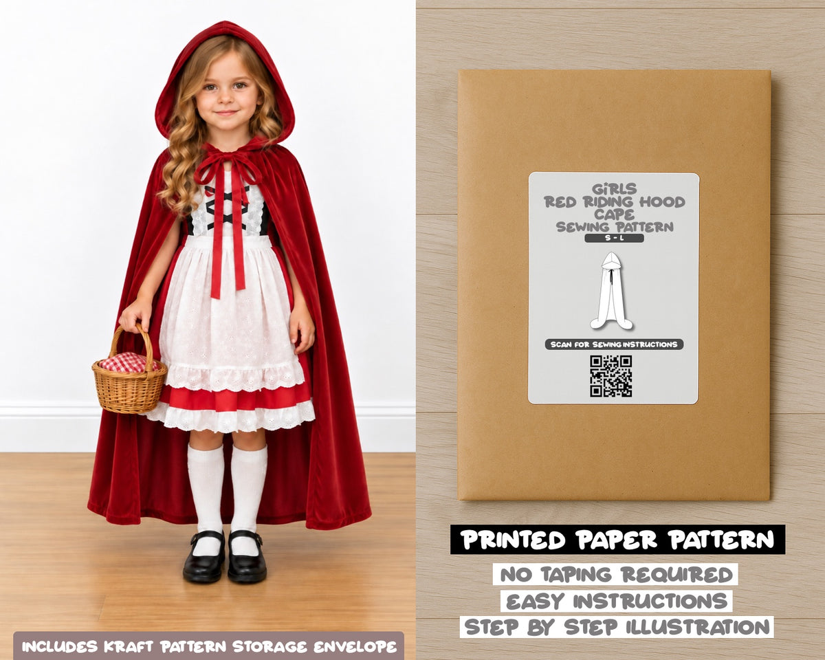 Girls Red Riding Hood Cape printed sewing pattern with easy instructions and step by step illustrations.