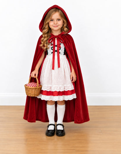A young girl modeling a red hooded cape dress costume, standing on a light wood floor against a white wall. She is wearing a white dress with red trim, white knee-high socks, and black shoes, and holding a small wicker basket.