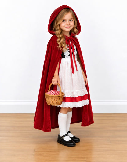 Side view of a young girl modeling a red hooded cape costume over a white dress, holding a small woven basket on a light wood floor against a white wall.