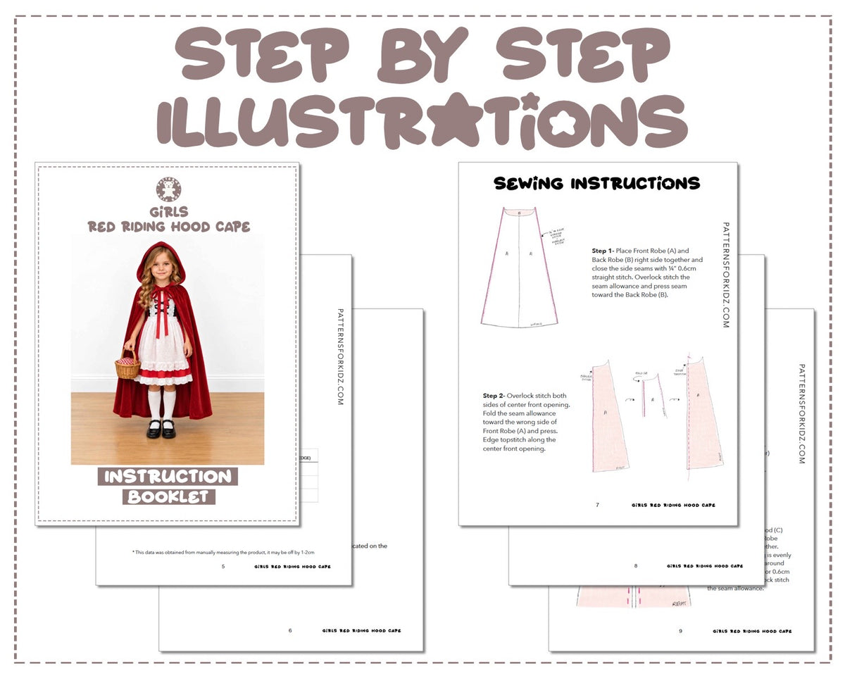 Girls Red Riding Hood Cape sewing pattern instruction booklet showing step by step illustrations to make the garment.