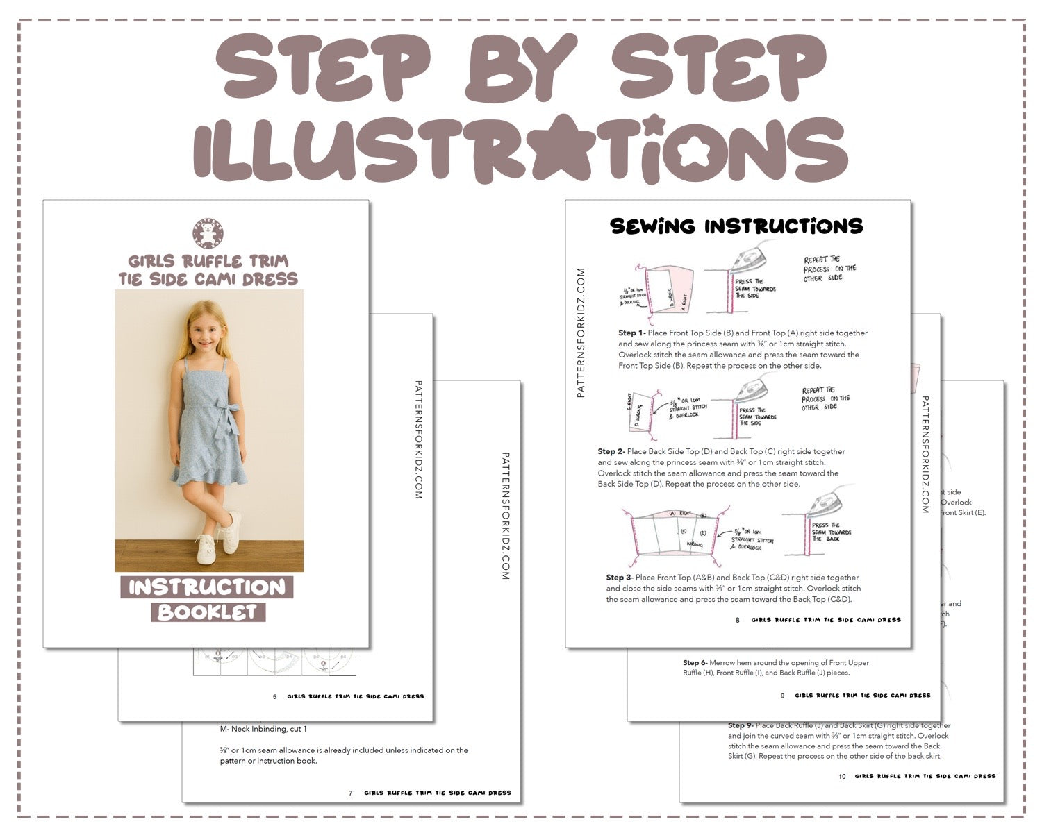 Girls Ruffle Trim Tie Side Cami Dress sewing pattern step by step illustrations.
