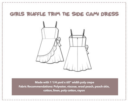 Illustration and detailed description for Girls Ruffle Trim Tie Side Cami Dress sewing pattern.