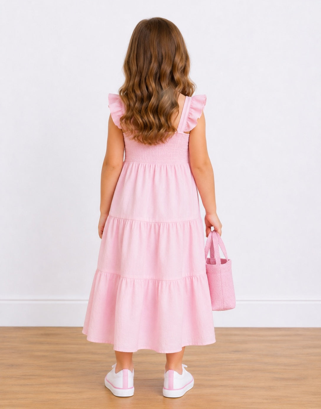 Back view of young girl wearing a pink Shirred Maxi Dress holding a pink bag on a wooden floor.