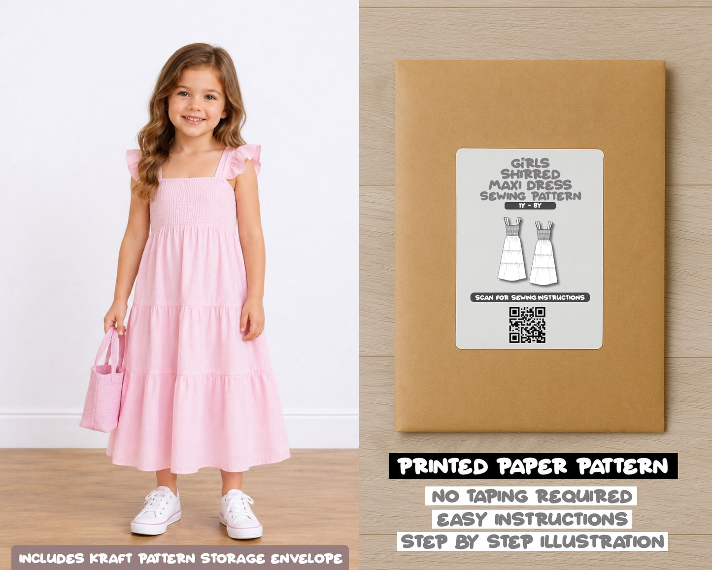 Girls Shirred Maxi Dress printed sewing pattern with easy instructions and step by step illustrations.