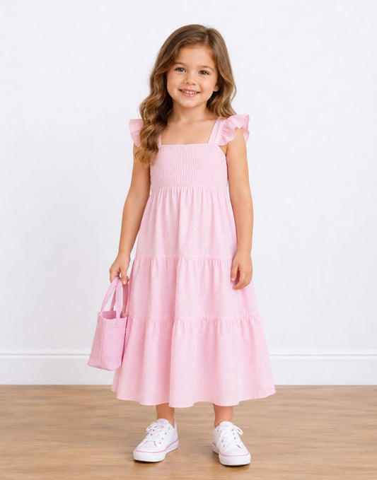 Young girl wearing a pink Shirred Maxi Dress holding a pink bag on a wooden floor.